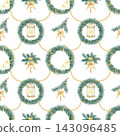 Festive xmas watercolor seamless pattern on white background spruce pine branch wreath with golden decor. Holiday Repeat ornate burning candle, angel wings decoration, isolated birdcage for packaging 143096485