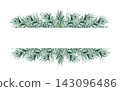 Watercolor spruce branches rectangular horizontal frame with copy space. Hand painted fir twigs template, banner. Illustration isolated on white background. Festive card in rustic style 143096486
