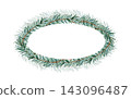 Watercolor spruce branches ellipse oval horizontal frame with copy space. Hand drawn fir twigs round template, banner. Illustration isolated on white background. Festive card in rustic style 143096487