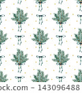 Pine branches Bouquet festive seamless pattern. Watercolor evergreen spruce twigs on white background. Isolated hand drawn illustration with green bow for packaging design, wrapping paper, decor 143096488