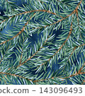 Watercolor seamless pattern with green fir branches on deep blue background. Hand painted illustration for elegant Christmas wrapping paper, winter holiday textile, festive botanical wallpaper design 143096493