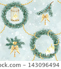 Festive Christmas seamless pattern watercolor background with spruce branch wreath, golden decor. Holiday winter repeat ornament with xmas decoration, isolated on light green 143096494