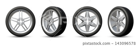 Realistic 3d tire with rubber tread and metal rim Realistic 3d tire with rubber tread and metal rim 143096578