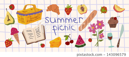 Hand drawn picnic blanket, brunch food and wine Hand drawn picnic blanket, brunch food and wine 143096579