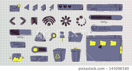Hand drawn doodle browser ui icons, search bars Hand drawn doodle browser ui icons, search bars 143096580