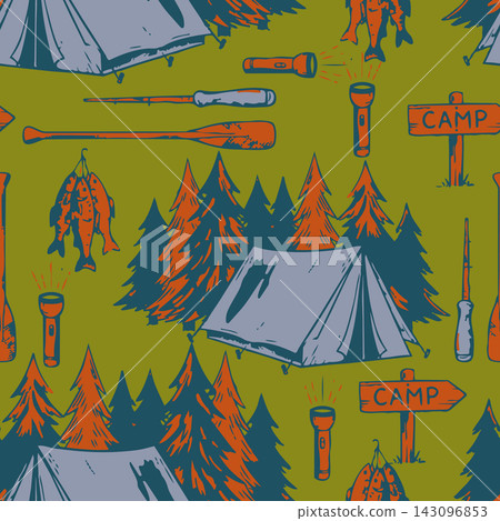 Seamless camping pattern with illustrated tents, pine trees, flashlights, paddles, fish, and camp signs in muted teal, orange, and olive tones for fabric, wallpaper, wrapping. Seamless camping pattern with illustrated tents, pine trees, flashlights, paddles, fish, and camp signs in muted teal, orange, and olive tones for fabric, wallpaper, wrapping. 143096853