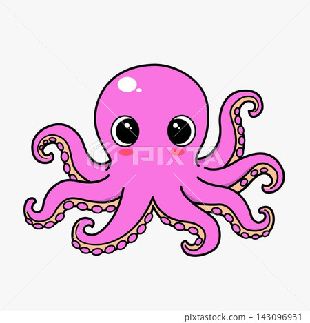 Cute pink octopus cartoon with big eyes smiling playful sea creature illustration Cute pink octopus cartoon with big eyes smiling playful sea creature illustration 143096931