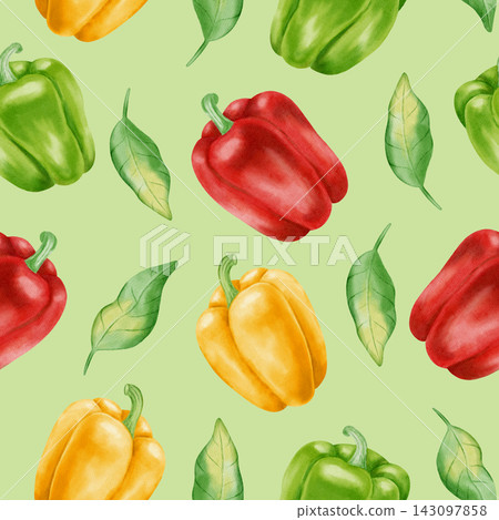 Watercolor seamless pattern with whole red, yellow, and green bell peppers, fresh leaves, and flowers. Hand-drawn vibrant vegetable background for kitchen textiles, cookbooks, and packaging 143097858