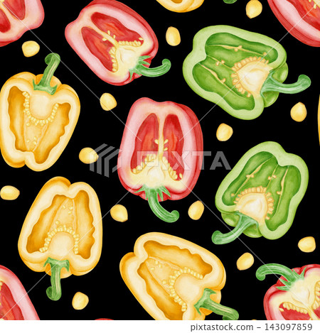 Watercolor seamless pattern with whole red, yellow, and green bell peppers, fresh leaves, and flowers. Hand-drawn vibrant vegetable background for kitchen textiles, cookbooks, and packaging 143097859
