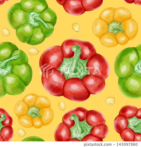 Watercolor seamless pattern with whole red, yellow, and green bell peppers, fresh leaves, and flowers. Hand-drawn vibrant vegetable background for kitchen textiles, cookbooks, and packaging 143097860