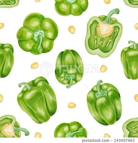 Watercolor seamless pattern with whole, half green bell peppers, seeds, and foliage. Hand-drawn botanical illustration of green paprika for kitchen textiles, cookbooks, packaging, harvest, agriculture Watercolor seamless pattern with whole, half green bell peppers, seeds, and foliage. Hand-drawn botanical illustration of green paprika for kitchen textiles, cookbooks, packaging, harvest, agriculture 143097863