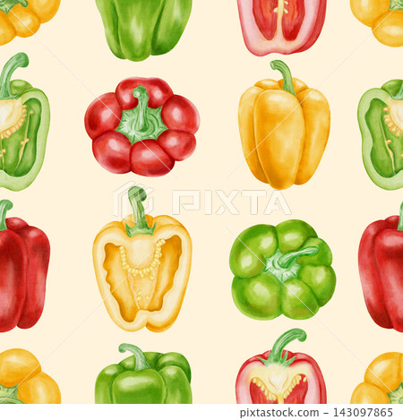 Watercolor seamless pattern with whole red, yellow, and green bell peppers, fresh leaves, and flowers. Hand-drawn vibrant vegetable background for kitchen textiles, cookbooks, and packaging Watercolor seamless pattern with whole red, yellow, and green bell peppers, fresh leaves, and flowers. Hand-drawn vibrant vegetable background for kitchen textiles, cookbooks, and packaging 143097865