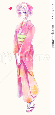 A woman in a furisode kimono, one person, blonde hair, full body shot, romance. A woman in a furisode kimono, one person, blonde hair, full body shot, romance. 143097887