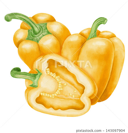 Watercolor illustration, composition with yellow bell pepper. Hand-drawn whole and cut ripe sweet peppers with fresh green leaves. Suitable for kitchen textiles, packaging, harvest, and agriculture Watercolor illustration, composition with yellow bell pepper. Hand-drawn whole and cut ripe sweet peppers with fresh green leaves. Suitable for kitchen textiles, packaging, harvest, and agriculture 143097904