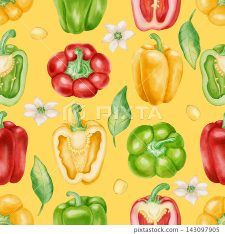 Watercolor seamless pattern with whole red, yellow, and green bell peppers, fresh leaves, and flowers. Hand-drawn vibrant vegetable background for kitchen textiles, cookbooks, and packaging Watercolor seamless pattern with whole red, yellow, and green bell peppers, fresh leaves, and flowers. Hand-drawn vibrant vegetable background for kitchen textiles, cookbooks, and packaging 143097905