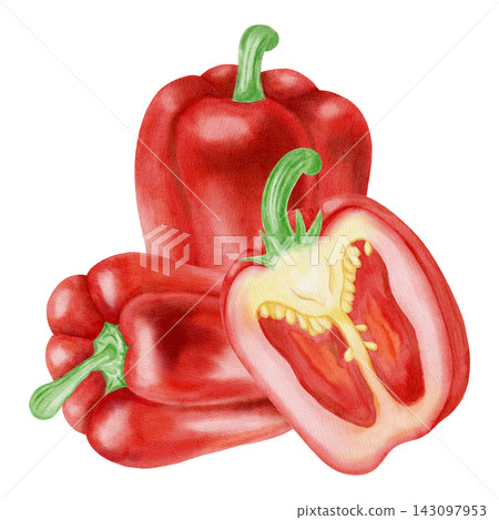 Watercolor illustration, composition with red bell pepper. Hand-drawn whole and cut ripe sweet peppers with fresh green leaves. Suitable for kitchen textiles, packaging, harvest, and agriculture. Watercolor illustration, composition with red bell pepper. Hand-drawn whole and cut ripe sweet peppers with fresh green leaves. Suitable for kitchen textiles, packaging, harvest, and agriculture. 143097953