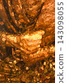 Detailed view of a textured, golden sculpture featuring a grasping hand 143098055
