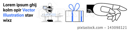 Robotics, surgery, gifting, directions, minimalism, design. Robotic arm in surgery setup, a gift box and a hand pointing gesture. Robotics and gifting concepts in minimalist design Robotics, surgery, gifting, directions, minimalism, design. Robotic arm in surgery setup, a gift box and a hand pointing gesture. Robotics and gifting concepts in minimalist design 143098121