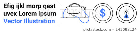 Virtual reality, technology concepts, financial transactions, digital navigation, gaming, modern innovation. Minimalist line art of a VR headset, dollar icon and navigation symbol. Virtual reality 143098124