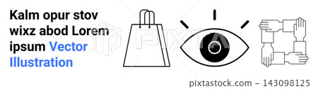 E-commerce, teamwork, surveillance, branding, collaboration, community. Outline shopping bag, eye symbol with lines and interconnected hands. E-commerce and teamwork concepts E-commerce, teamwork, surveillance, branding, collaboration, community. Outline shopping bag, eye symbol with lines and interconnected hands. E-commerce and teamwork concepts 143098125
