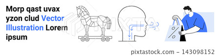 Cybersecurity, digital deception, online shopping, conceptual design, marketing, awareness campaigns. A Trojan horse next to a human head profile and a person holding shopping bags. Cybersecurity Cybersecurity, digital deception, online shopping, conceptual design, marketing, awareness campaigns. A Trojan horse next to a human head profile and a person holding shopping bags. Cybersecurity 143098152