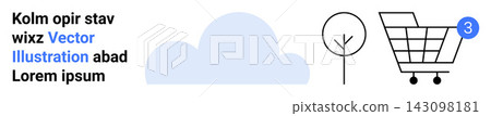 E-commerce, environment, notifications, cloud storage, online shopping, digital communication. Minimal vector design of a cart icon with a notification badge, a cloud and a tree. E-commerce 143098181
