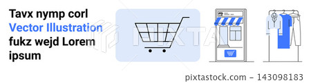 E-commerce, online retail, small business, shopping platforms, clothing, digital transactions. Shopping cart, storefront and clothing rack icons displayed. E-commerce and online retail E-commerce, online retail, small business, shopping platforms, clothing, digital transactions. Shopping cart, storefront and clothing rack icons displayed. E-commerce and online retail 143098183