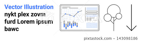 Business analysis, data tracking, economic growth, market insights, minimalist design, and technology concepts. Graph showing trends, tree diagram and arrow symbol. Business analysis and data 143098186