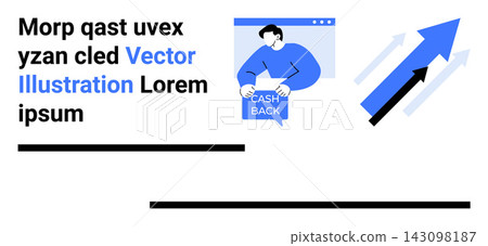 E-commerce, financial incentives, cashback deals, business growth, online shopping, digital rewards. Man holding cashback voucher, arrows upward growth. Cashback deals and financial growth concept 143098187