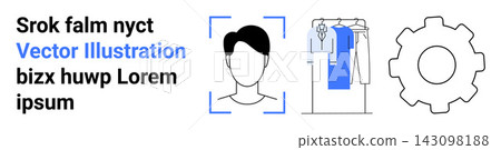 Facial recognition, artificial intelligence, e-commerce, technology processes, clothing industry, machinery systems. Profile outline framed for identification, clothes on hangers, gear illustration Facial recognition, artificial intelligence, e-commerce, technology processes, clothing industry, machinery systems. Profile outline framed for identification, clothes on hangers, gear illustration 143098188