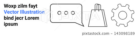 E-commerce, communication, shopping, digital marketing, collaboration, productivity. Minimalistic icon set including a speech bubble, shopping bag and gear. E-commerce and communication concept E-commerce, communication, shopping, digital marketing, collaboration, productivity. Minimalistic icon set including a speech bubble, shopping bag and gear. E-commerce and communication concept 143098189