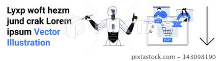 Artificial intelligence, e-commerce, automation, futuristic technology, robotics, customer interaction. Robot pointing to digital elements near an online shopping cart. Artificial intelligence Artificial intelligence, e-commerce, automation, futuristic technology, robotics, customer interaction. Robot pointing to digital elements near an online shopping cart. Artificial intelligence 143098190