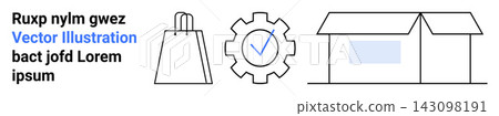 E-commerce, logistics, delivery process, business operations, quality control, retail sales. Minimal line icons of a shopping bag, gear with checkmark and a box. E-commerce and logistics E-commerce, logistics, delivery process, business operations, quality control, retail sales. Minimal line icons of a shopping bag, gear with checkmark and a box. E-commerce and logistics 143098191