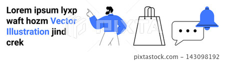 Online shopping, business communication, alerts, notifications, messaging, customer service. Human figure pointing, shopping bag speech bubble and notification bell. Online shopping and business 143098192