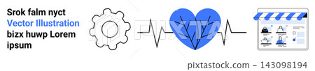 Business processes, health services, e-commerce, online operations, technology integration, heartbeat monitoring. Gear, heart with heartbeat line storefront. Business processes and health services Business processes, health services, e-commerce, online operations, technology integration, heartbeat monitoring. Gear, heart with heartbeat line storefront. Business processes and health services 143098194