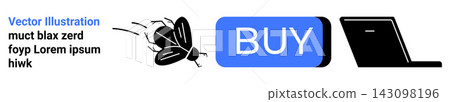 Cybersecurity, online shopping, malware, digital transactions, software vulnerabilities, coding errors. A bug near a Buy button and laptop. Cybersecurity and online shopping concept Cybersecurity, online shopping, malware, digital transactions, software vulnerabilities, coding errors. A bug near a Buy button and laptop. Cybersecurity and online shopping concept 143098196