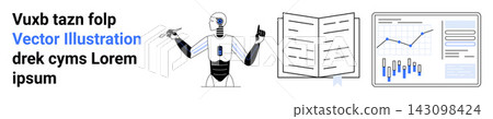 Artificial intelligence, robotics, data analysis, education, technology, automation. Robot with mechanical parts, an open book and a chart with graphs. Artificial intelligence and data analysis Artificial intelligence, robotics, data analysis, education, technology, automation. Robot with mechanical parts, an open book and a chart with graphs. Artificial intelligence and data analysis 143098424