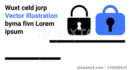 Cybersecurity, data protection, online safety, privacy, encryption, digital security. Two padlock icons in black and blue. Cybersecurity and data protection concept 143098425