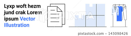 Office administration, storage solutions, retail management, organization, logistics, apparel display. Stacked documents, labeled boxes hanging clothes. Office administration and storage solutions 143098426