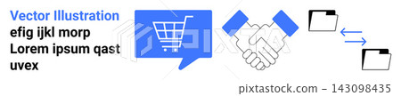 E-commerce, digital transactions, business partnerships, online communication, file sharing, teamwork. Shopping cart icon, handshake graphic and file transfer . E-commerce and digital transactions 143098435