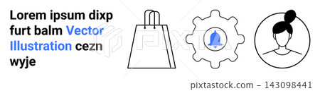 E-commerce, user interface, notifications, online shopping, digital identity, app development. Shopping bag, gear with notification bell user profile. E-commerce and user interface concept E-commerce, user interface, notifications, online shopping, digital identity, app development. Shopping bag, gear with notification bell user profile. E-commerce and user interface concept 143098441