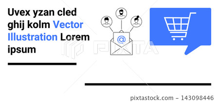 E-commerce, email marketing, customer engagement, digital services, online shopping, networking. Shopping cart icon and envelope graphic with user icons. E-commerce and email marketing concept E-commerce, email marketing, customer engagement, digital services, online shopping, networking. Shopping cart icon and envelope graphic with user icons. E-commerce and email marketing concept 143098446