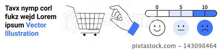 Customer satisfaction, consumer behavior, e-commerce, shopping feedback, product reviews, rating systems. Shopping cart, hand gesture picking product emoticons with a rating scale. E-commerce 143098464