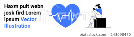 Healthcare, education, communication, wellness, tech design, modern concepts. Blue heart with electrocardiogram line and seated woman reading. Healthcare and education symbol usage Healthcare, education, communication, wellness, tech design, modern concepts. Blue heart with electrocardiogram line and seated woman reading. Healthcare and education symbol usage 143098470