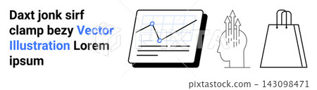 Business analytics, e-commerce, shopping trends, creative thinking, data visualization, and brainstorming concepts. A graph on a tablet, human head with arrows and shopping bag. Business analytics Business analytics, e-commerce, shopping trends, creative thinking, data visualization, and brainstorming concepts. A graph on a tablet, human head with arrows and shopping bag. Business analytics 143098471