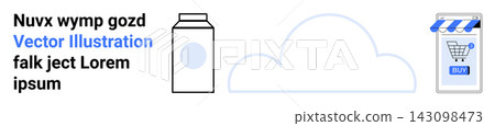 E-commerce, cloud storage, retail, online shopping, digital marketplaces, data storage. Cloud illustration connecting a carton box and a storefront shopping cart icon. E-commerce and cloud storage 143098473