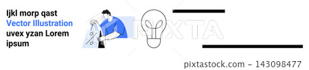 Business analysis, creative thinking, data interpretation, innovation, problem-solving, planning. A person examining data and a light bulb icon. Business analysis and creative thinking concept 143098477
