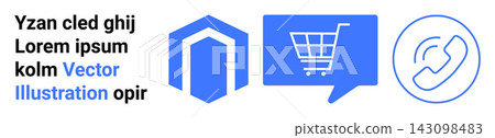 E-commerce, digital communication, customer service, cybersecurity, online shopping, data protection. Blue symbols include a cart in a speech bubble, a hexagonal shield and a phone icon. E-commerce 143098483