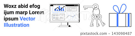 Business analytics, cybersecurity, gift giving, data security, decision-making, e-commerce. A monitor displaying analytics, a keyring and a gift box. Business analytics and cybersecurity concept Business analytics, cybersecurity, gift giving, data security, decision-making, e-commerce. A monitor displaying analytics, a keyring and a gift box. Business analytics and cybersecurity concept 143098487