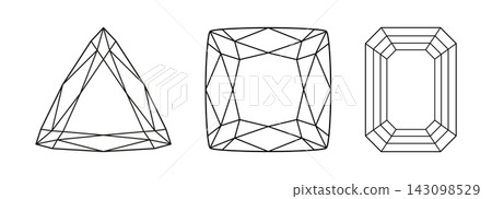 Diamond Trillion, Emerald, Cushion cut shapes. Gemstone outline icons for jewellery design, branding, packaging, logo. Cushion, Trillion, Emerald brilliant cut flat patterns. Diamond Trillion, Emerald, Cushion cut shapes. Gemstone outline icons for jewellery design, branding, packaging, logo. Cushion, Trillion, Emerald brilliant cut flat patterns. 143098529